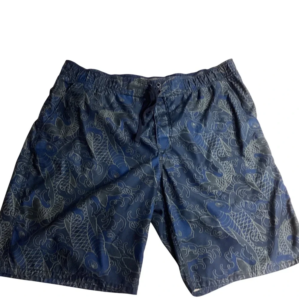 Old Navy Swim Trunks Koi Fish Print Elastic Tie Waist Blue Gray Mens XL Liner